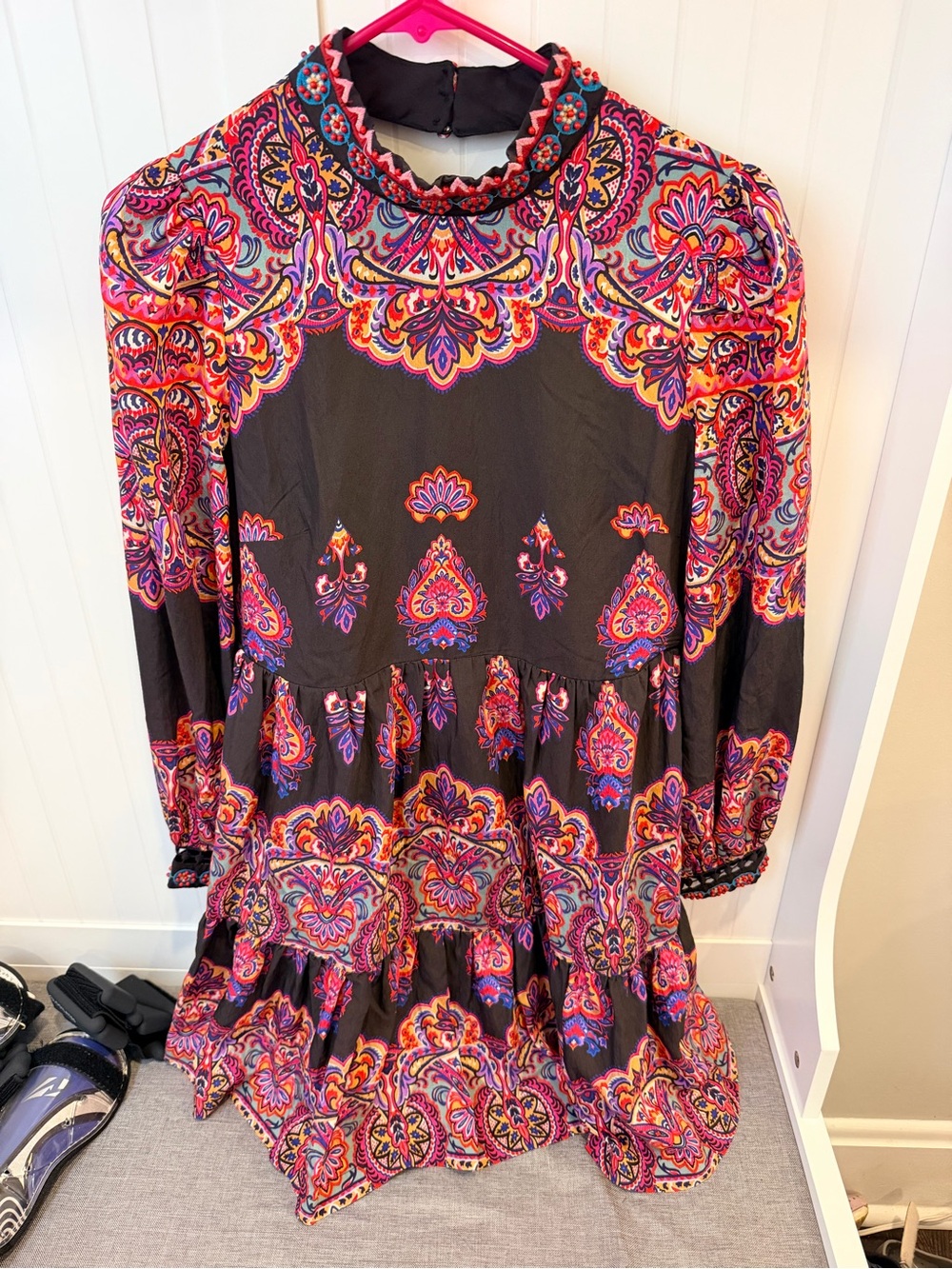 Anthropologie Black Long-Sleeve Dress with Bright Multicolor Paisley Embroidery